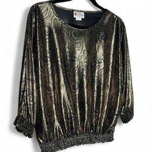 Vintage 80s Metallic Gold Lamé Black Paisley Batwing Blouse Retro Disco Top L